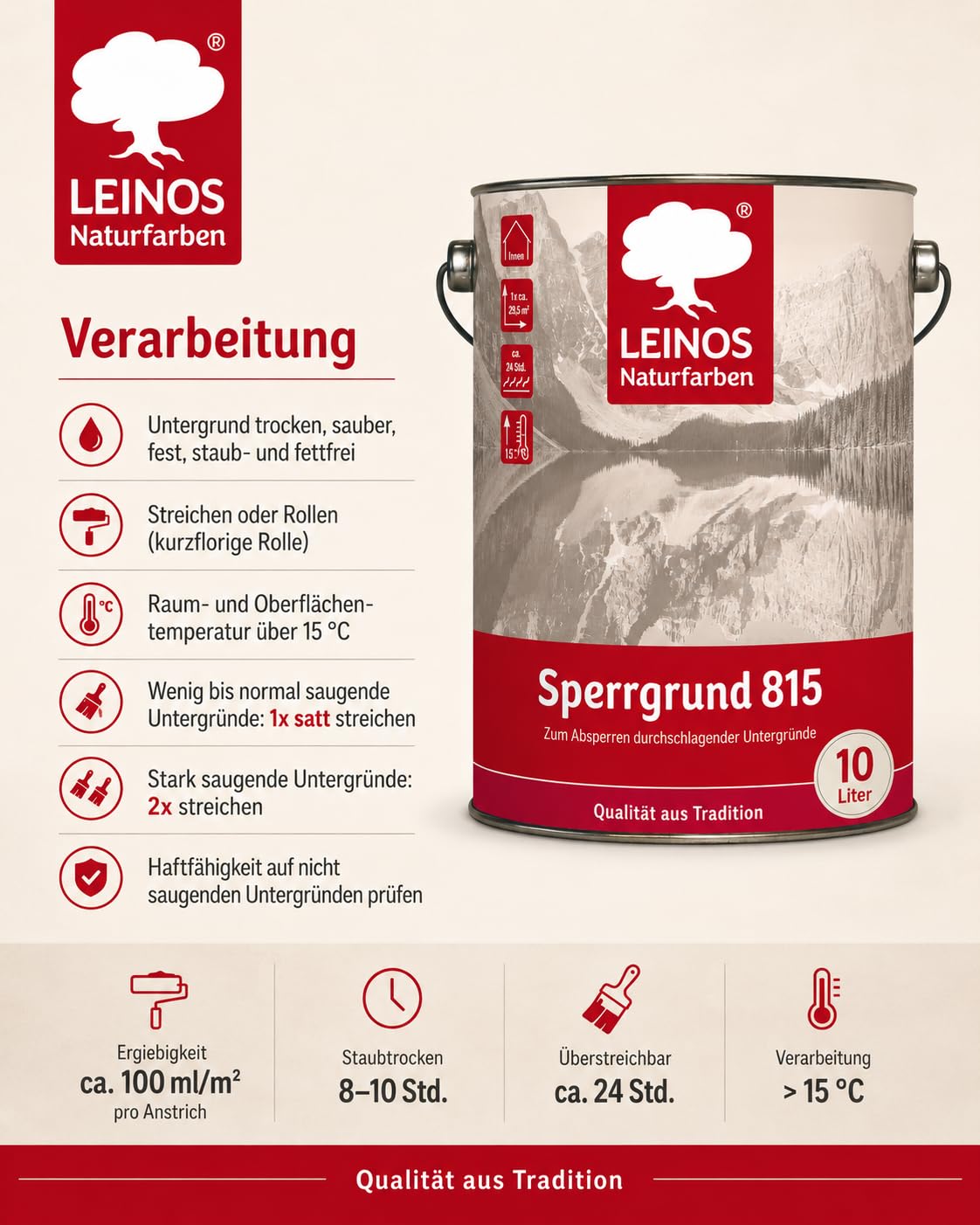 LEINOS 815 Sperrgrund 10 Liter | Hochdeckend: Erzeugt einen weißen, leicht rauen Untergrund, der für nachfolgende Anstriche gute Haftung bietet
