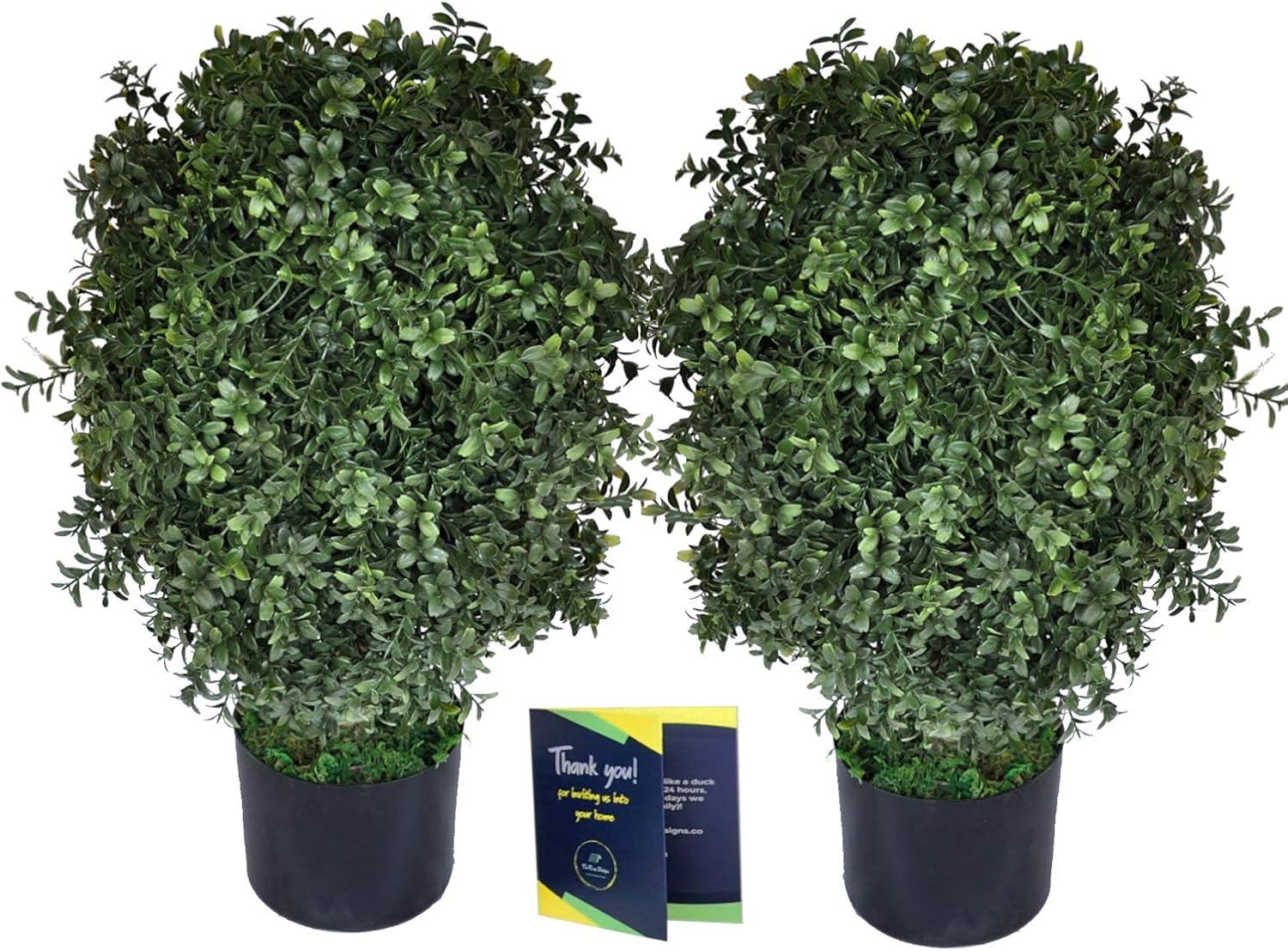 24" Tall Artificial Boxwood Topiary Pair, 2 Plants, Outdoor Ready, Natural Looking Fake Potted Shrubs (Dark Green, 24) -