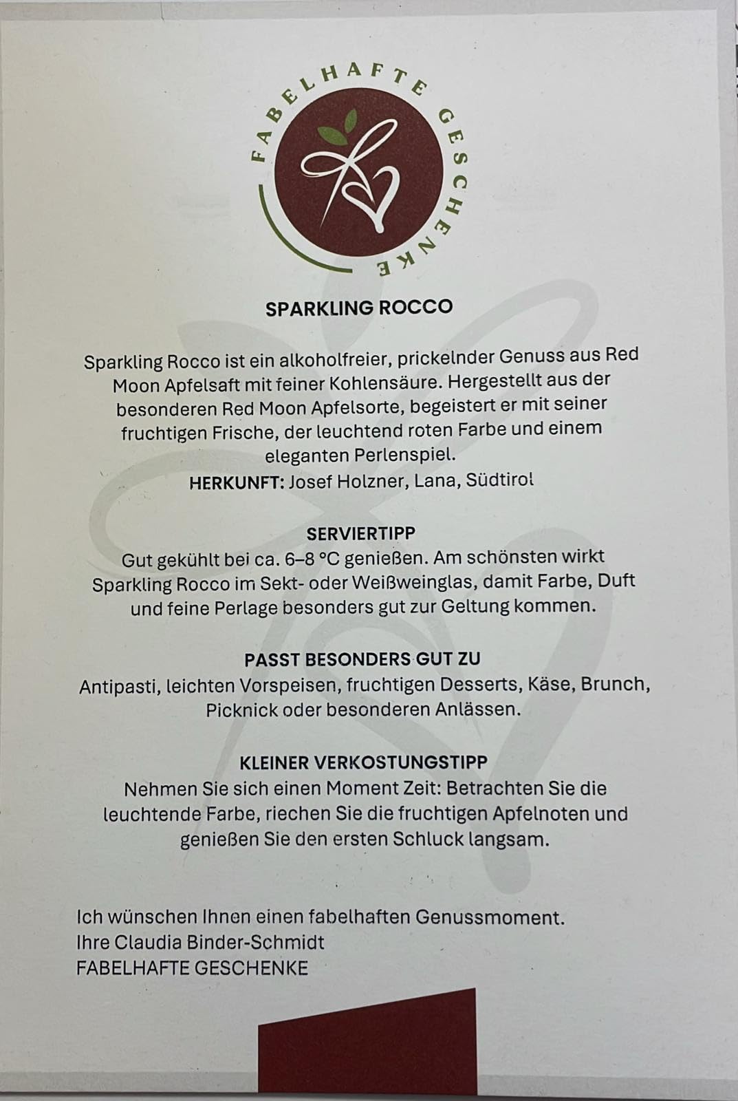 "Sparkling Rocco" Apfelsecco alkoholfrei 6 x 0,75l | alkoholfreier Aperitivo aus 100% Apfel-Direktsaft | mit Genusskarte FABELHAFTE GESCHENKE