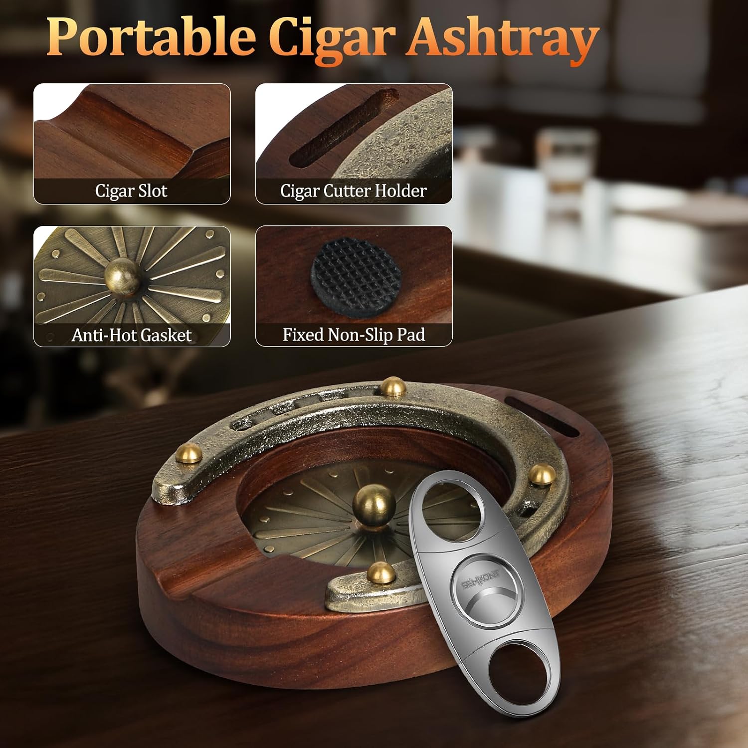 Cigar Ashtray, Horseshoe Wooden Portable Ashtray with Cutter, Zinc Alloy Anti-scald Gasket, Cigar Slot and Holder for home, office, bar and outdoor (Brown-Portable Ashtray)