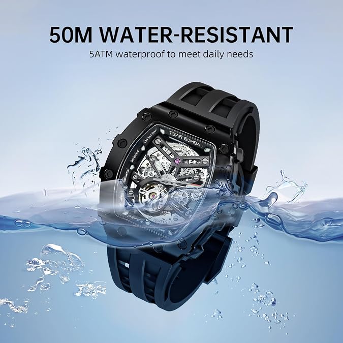 TSAR BOMBA Mens Luxury Watch Automatic Watches for Men 50M Waterproof Japanese Mechanical Movement Tonneau Stainless Steel Case Sapphire Glass Big Face Cool Unique Fashion Gift Men