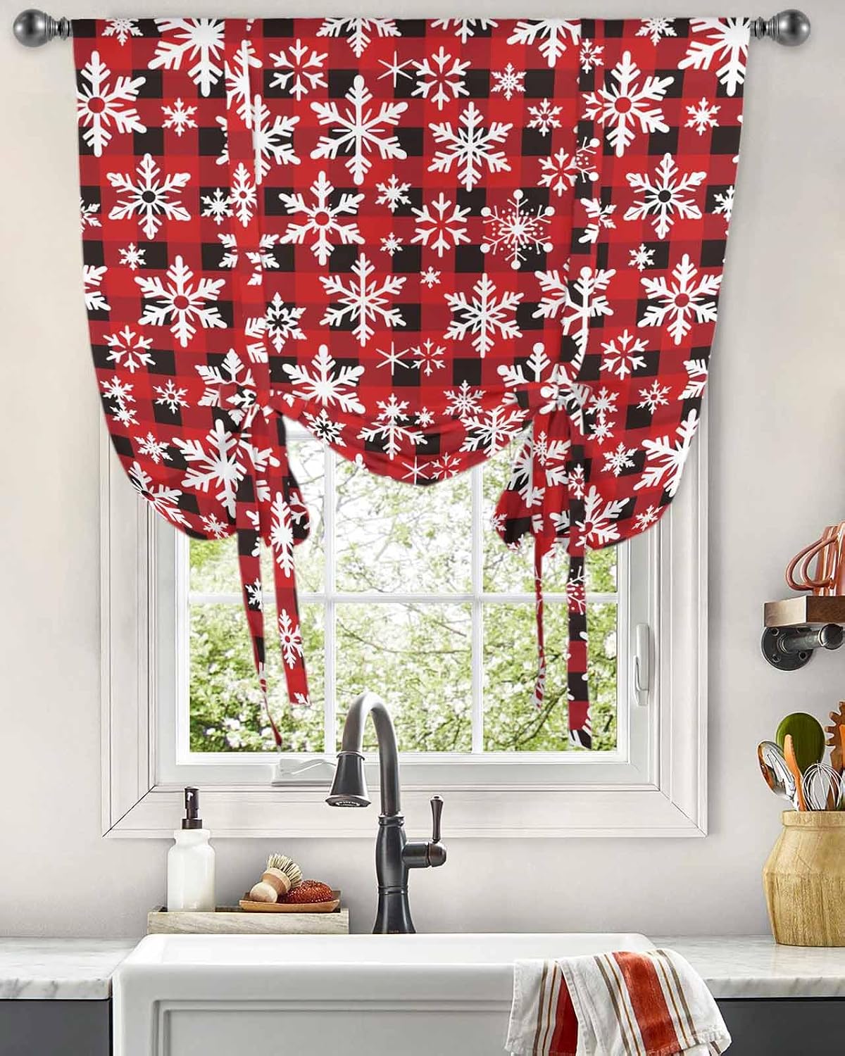 Yukro Tie Up Curtains Window Shades, Merry Christmas Winter Snow Red Black Buffalo Plaid Rod Pocket Tie Up Window Shade, Adjustable Balloon Curtain Shade for Blinds Kitchen Bathroom, 1 Panel, 52"x63"