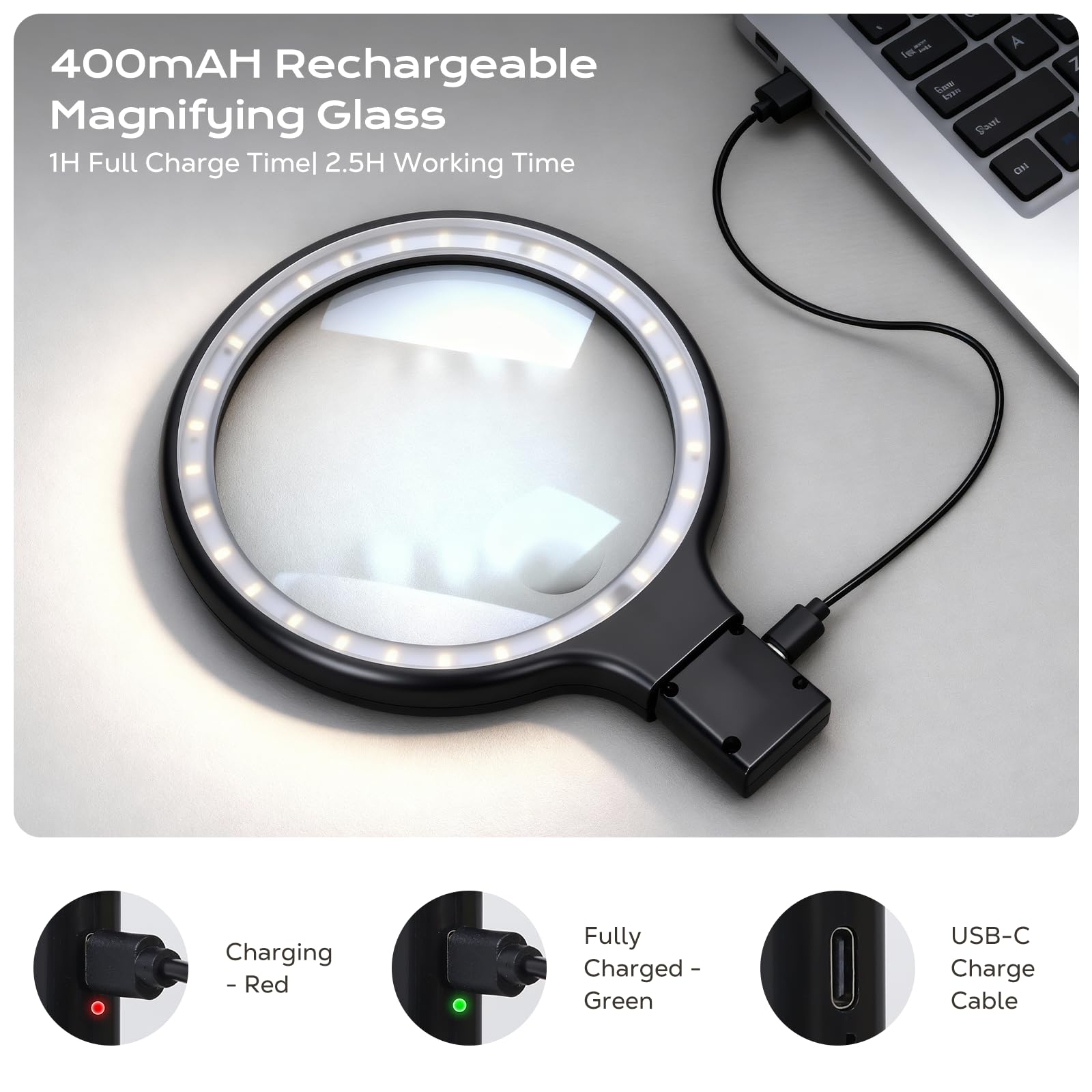 Handfreie und handliche 10X/5X Lupe, wiederaufladbar, 30 LED mit 3 Lichtmodi für Senioren mit schwacher Sicht, Lesen, Basteln (schwarz)