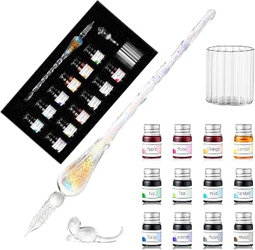 ESSSHOP Glass Dip Pen Calligraphy Fountain Pen Set - 12 Colors Ink Glass Washing Cup Pen Holder Handmade Rainbow Crystal Glass Ink Pen for Art Writing Drawing Signatures Christmas Gifts