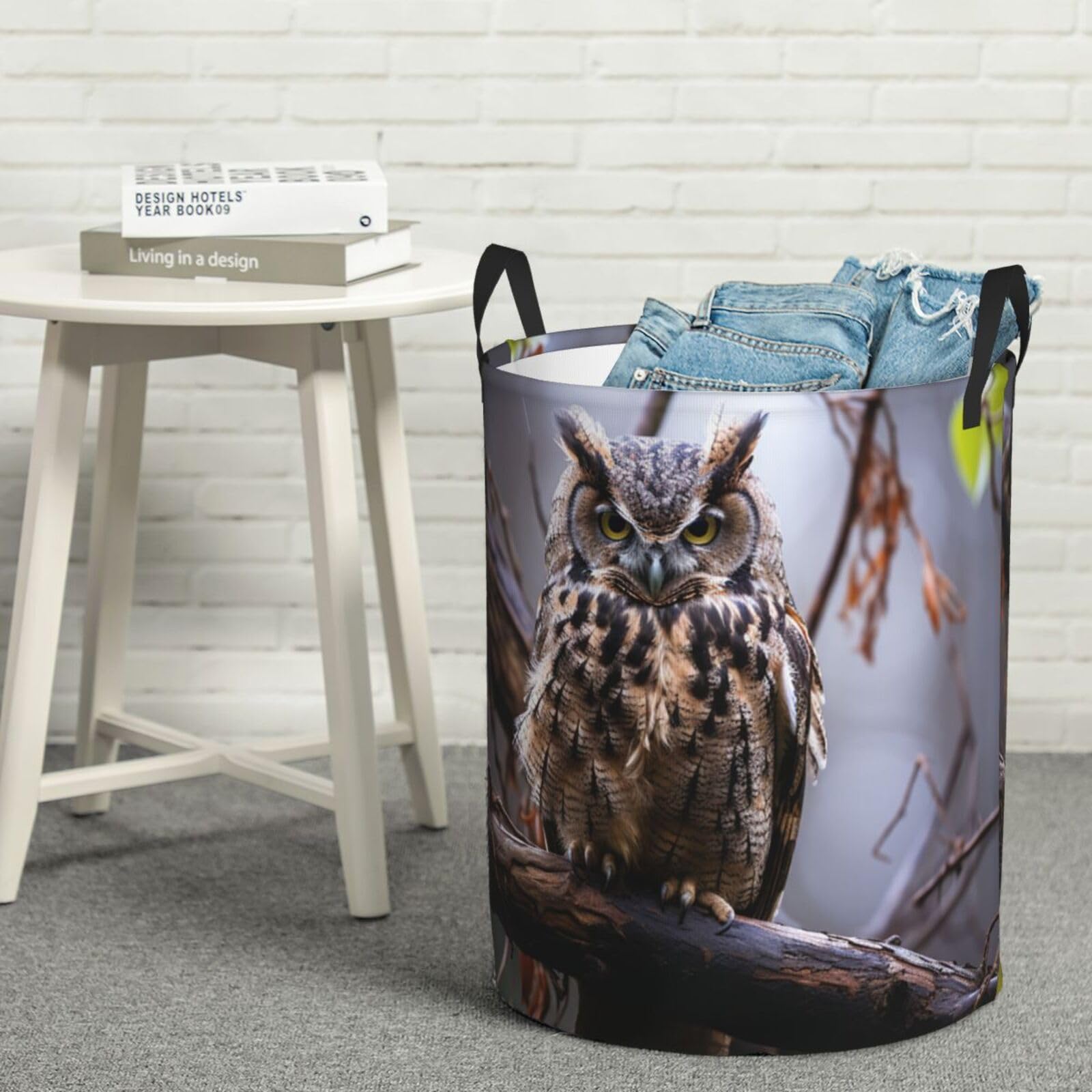 Fodpand Black Owl On A Branch Laundry Basket With Handle, Freestanding Laundry Hamper, Collapsible Dirty Clothes Hamper, Waterproof Fabric Blanket Storage Basket Tall Toy Storage Bin Room Decor Small