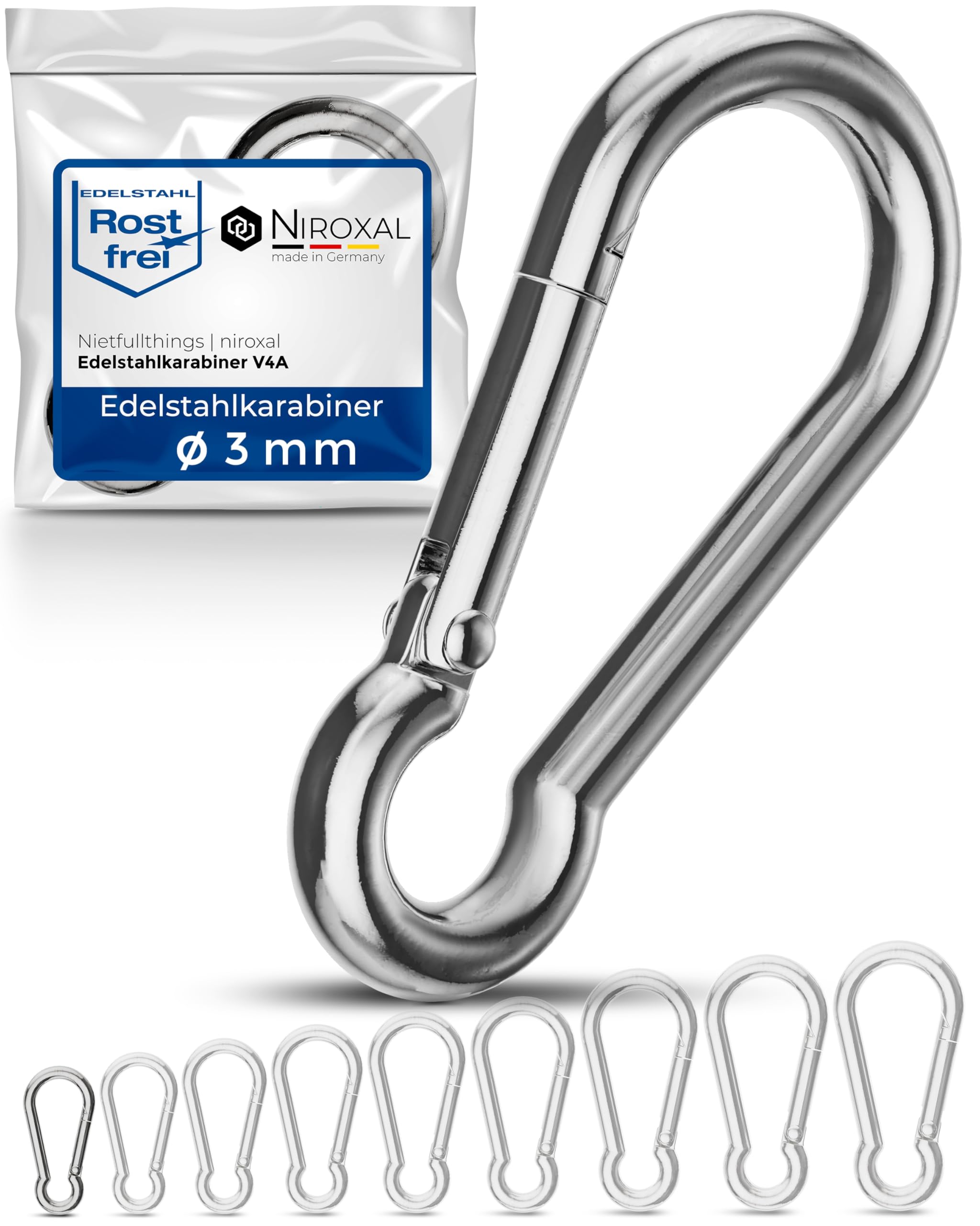 Niroxal 3 mm Stainless Steel Snap Hook – Heavy Duty Carabiner Clip – Marine Grade 316 – Spring Snap Hook – Pack of 10