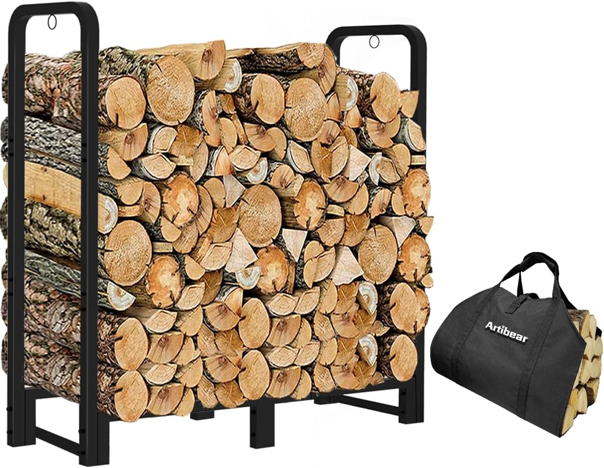 Artibear 3FT Firewood Rack with Log Carrier, Indoor Outdoor Fireplace Metal Wood Pile Storage for Fire Wood
