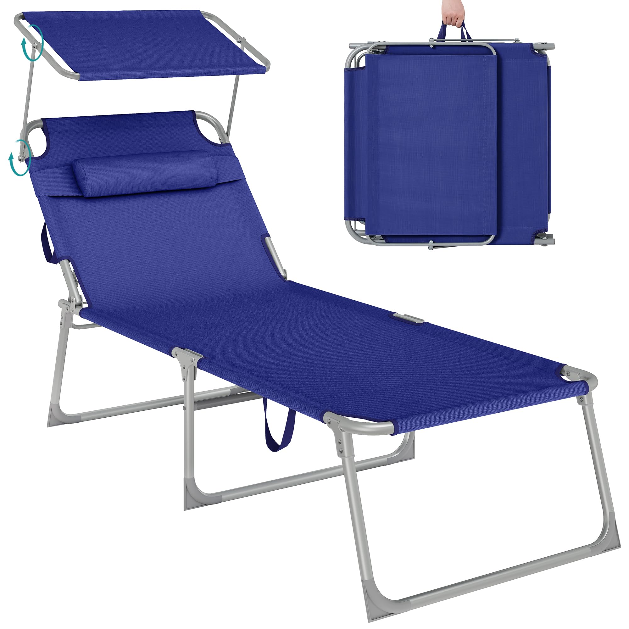 SONGMICS Große Sonnenliege, klappbarer Liegestuhl, 71 x 200 x 38 cm, Belastbarkeit 150 kg, mit Sonnenschutz, Kopfstütze und Verstellbarer Rückenlehne, für Garten Pool Terrasse, dunkelblau GCB22BUV2