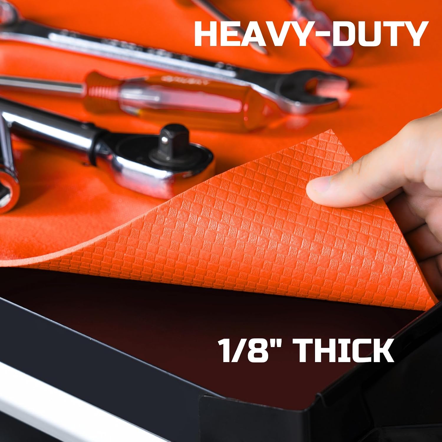 ONREVA Tool Box Liner 18" Wide x 24 Ft, 1/8" Thick Heavy Duty Toolbox Drawer Liners for Tool Chest Cabinet Workbench & Garage Shelf, Protective Non-Slip Mat for Mechanics & Workshops, Orange