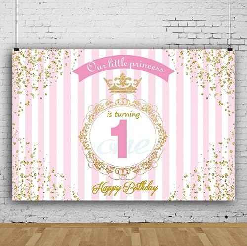 Miniatura 3 de Leyiyi Fondo de fondo de 1.er cumpleaños de princesa real de 5 x 3 pies, pancarta de rayas rosas y blancas, corona de lujo, fondo de día B, manchas