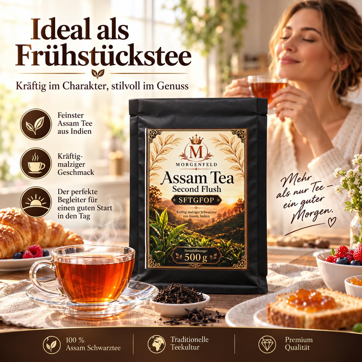 Morgenfeld Assam Tea Second Flush 3 x 500 g – Té Negro Premium SFTGFOP de Assam India, Té Suelto en Hojas Intenso & Maltoso para Tetera, Infusor, Desayuno, Merienda y Degustación met Kajal Sticker