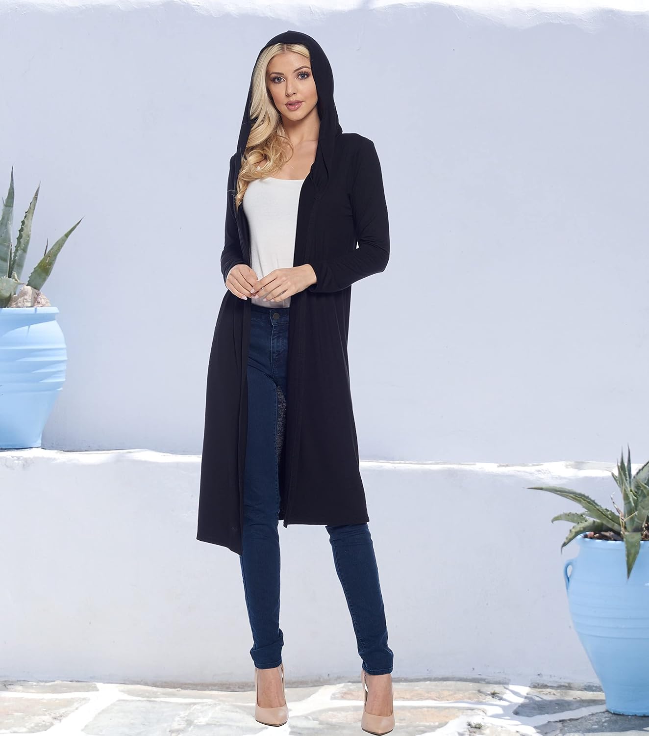 Miniatura 4 de Isaac Liev Cárdigan largo para mujer casual manga larga frente abierto extra largo holgado ligero con capucha