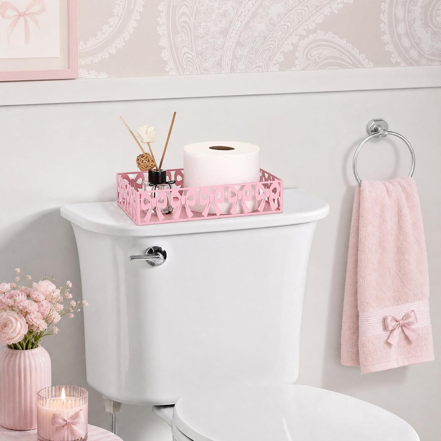 Sumnacon Toilet Paper Basket Organizer, Pink Bow Metal Bathroom Tray, Small