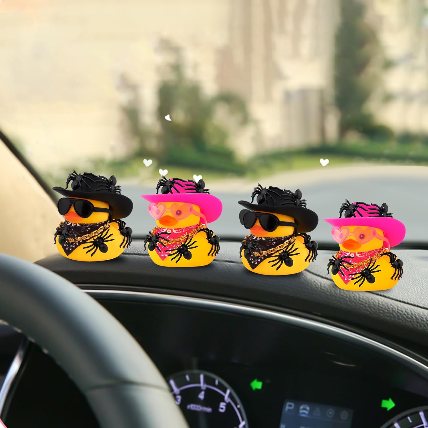 wonuu Car Dashboard Rubber Ducks for Halloween, Decorations Duck for Office Desk Ornament Accessories with Cowboy Hat Heart Glasses Spider Chain Scarf, for Halloween Party Gifts (Black)