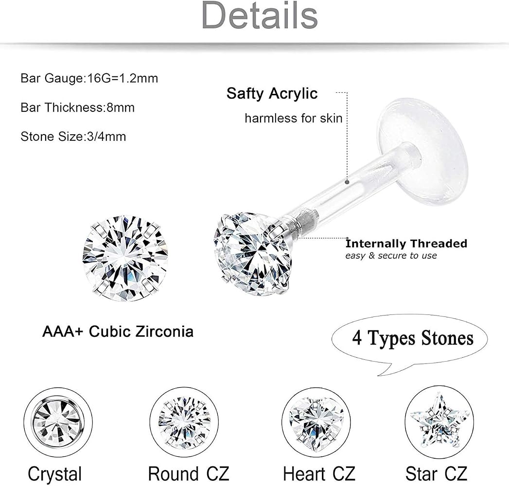 Kit Piercing 24 Pièces Acier Inoxydable - Labret, Lèvre, Tragus Et Helix Avec Bijoux Diamant CZ