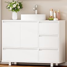 ANWBROAD SSC002W Bathroom Vanity Unit with 4 Drawers, 2 Doors, Washbasin with Feet, Modern, 90 x 30 x 64.5 cm, White