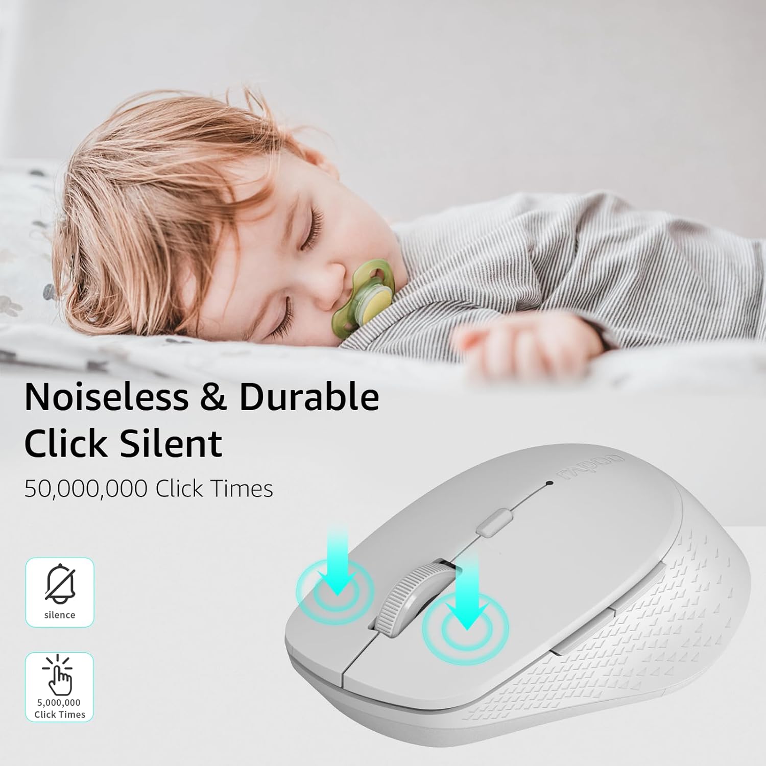 Image of a sleeping baby with the Rapoo M300G mouse in the foreground, illustrating its silent click feature.