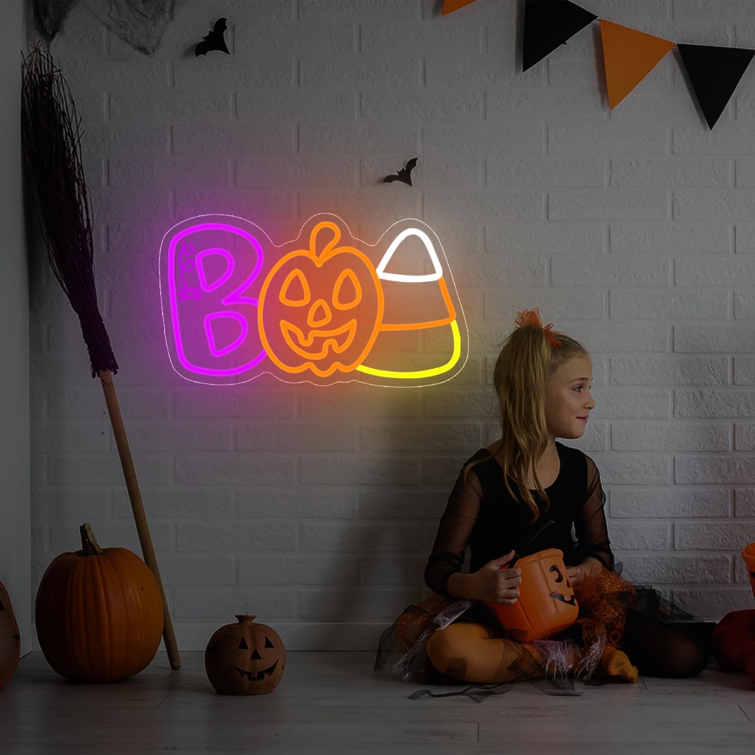 kzjspn Halloween Neon Sign for Wall Decor BOO Led Sign Dimmable Pumpkin Neon Light Up Sign for Window Candy Corn Neon Sign Bar Horror Halloween Party Man Cave Game Room