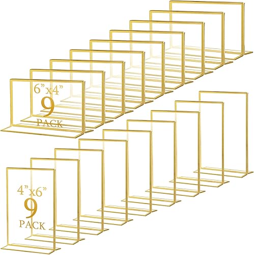 Hoteam Paquete de 18 soportes acrílicos para letreros de 4 x 6 pulgadas, marcos dorados, soportes para números de mesa de boda, marco de fotos de