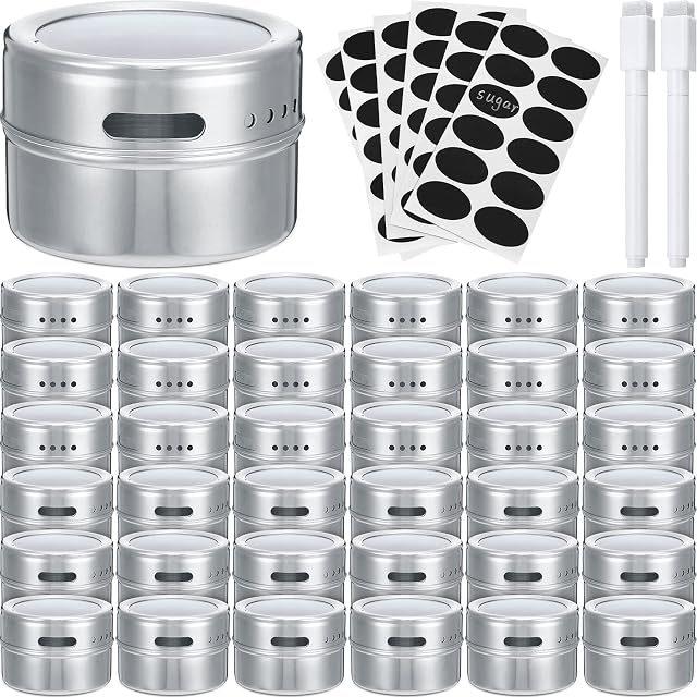 Chengu 36 Pack Magnetic Spice Jars for Refrigerator, 3 oz Spice Tins Set | with Label Markers and Pens, Stainless Steel Spice Containers Seasoning Storage Tins for Grill, Kitchen, Fridge, Rack, Travel