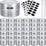 Chengu 36 Pack Magnetic Spice Jars for Refrigerator 3 oz Magnetic Spice Containers Stainless Steel Seasoning Tins with Clear Lid, with 72 Pcs Labels Marker and 2 Pens for Grill Kitchen Fridge Rack