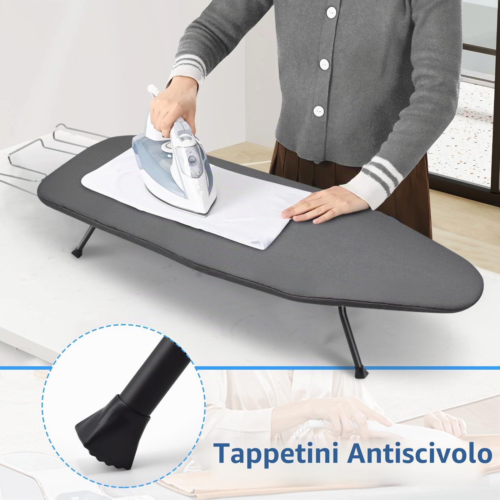 Asse da Stiro da Tavolo Pieghevole Salvaspazio, Tavola da Stiro con Ripiano per Ferro da Stiro, Ironing Board con Piedini Antiscivolo per la Casa e il Dormitorio, Viaggi, Leggero, Grigio