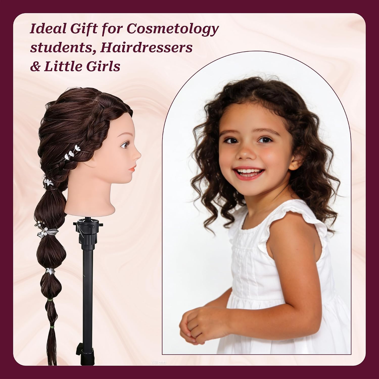 ZOUMU 26"-28" Long Hair Mannequin Head – 70% Real Hair Cosmetology Training Head for Braiding, Styling & Cutting Practice, High-Density with 9 Tools & Clamp, #4 Brown Makeup Model image 4