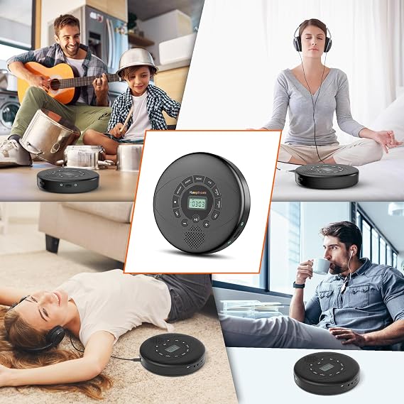 Kuephom Portable CD Player with Speaker & Headphones | Rechargeable Discman with Anti-Skip, CD-R, MP3, USB Playable, Adjustable Play Speed, AUX Connection for Car, Black