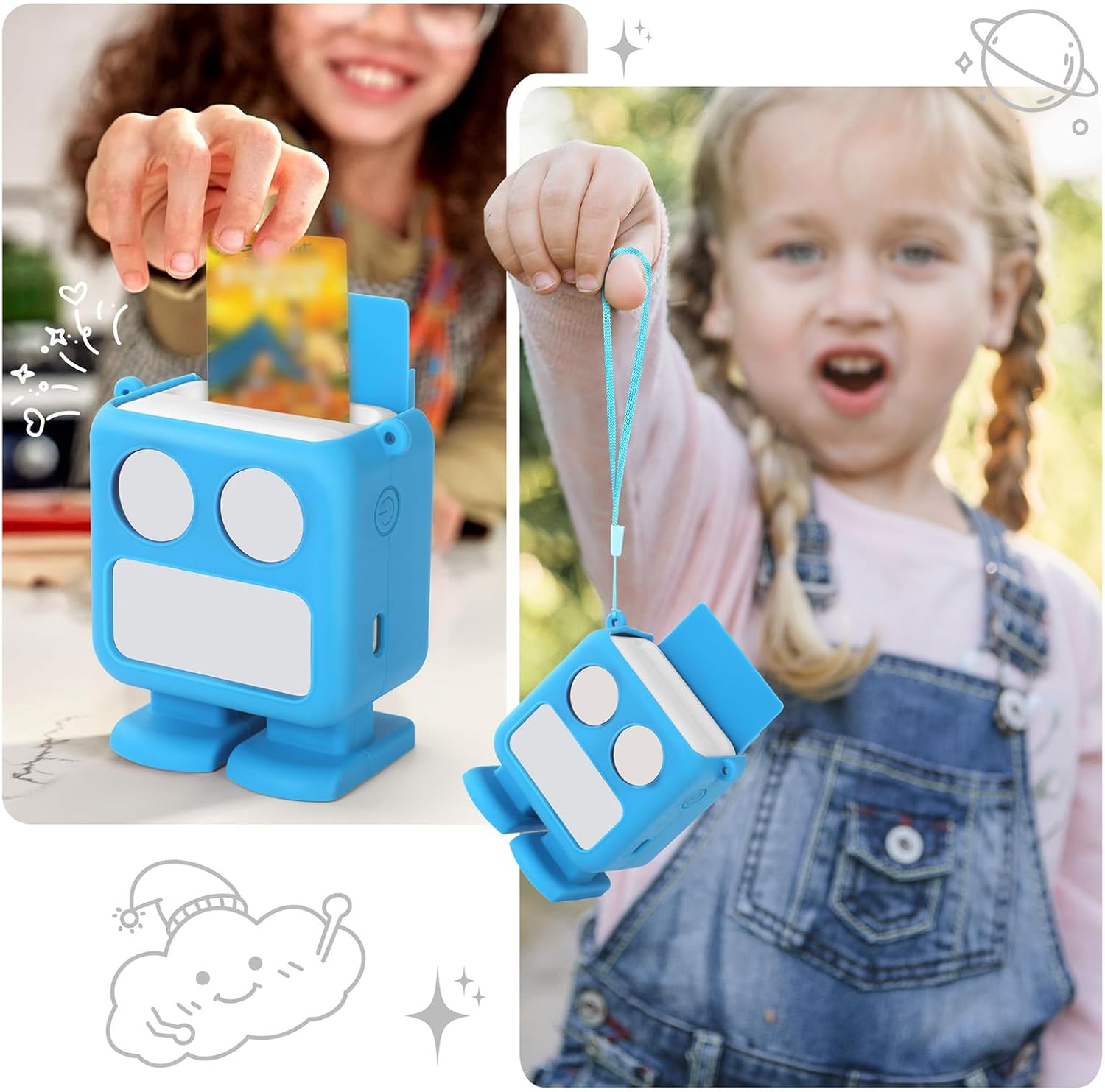 Robot Silicone Protective Case with Card Storage Slot Compatible with Yoto Mini Player,Carrying Sleeve Case/Wrist Lanyard,Anti-Slip Silicone Skin Cover for Kids Mini Audio Player (Blue)