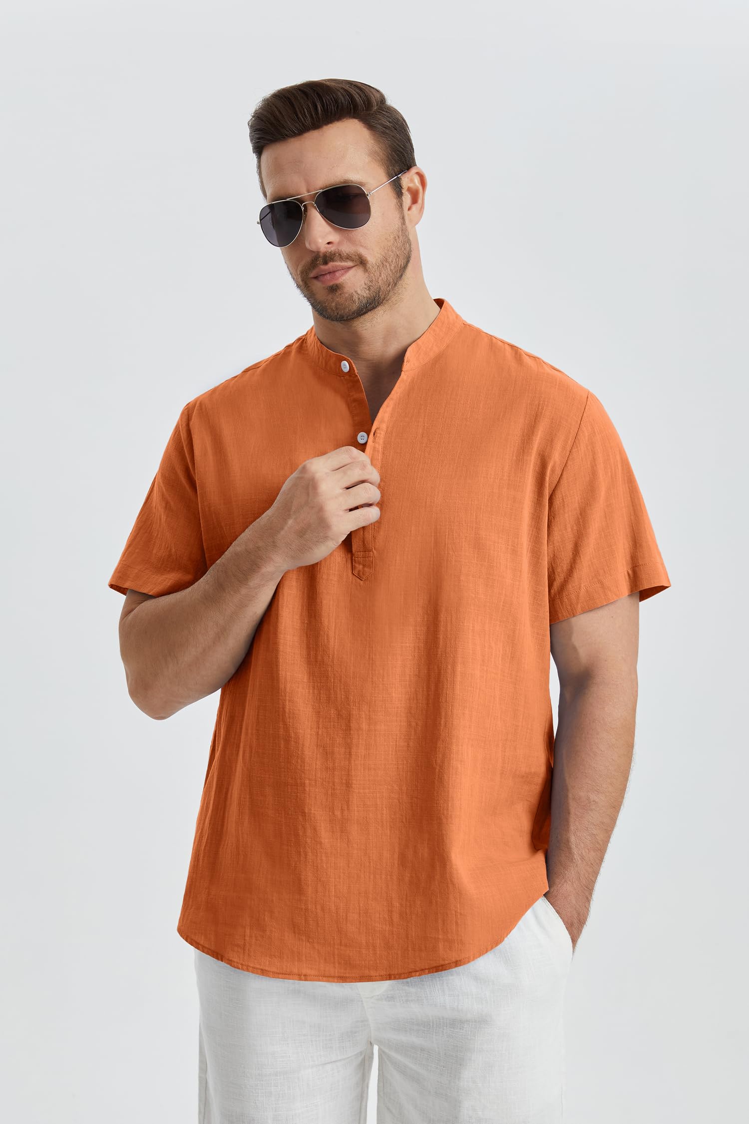 Enlision Chemise Lin Homme Manches Courtes Col Mao Chemise Été Hommes Leger en Coton Lin Chemise de Plage Classique Casual Henley Shirt S-4XL