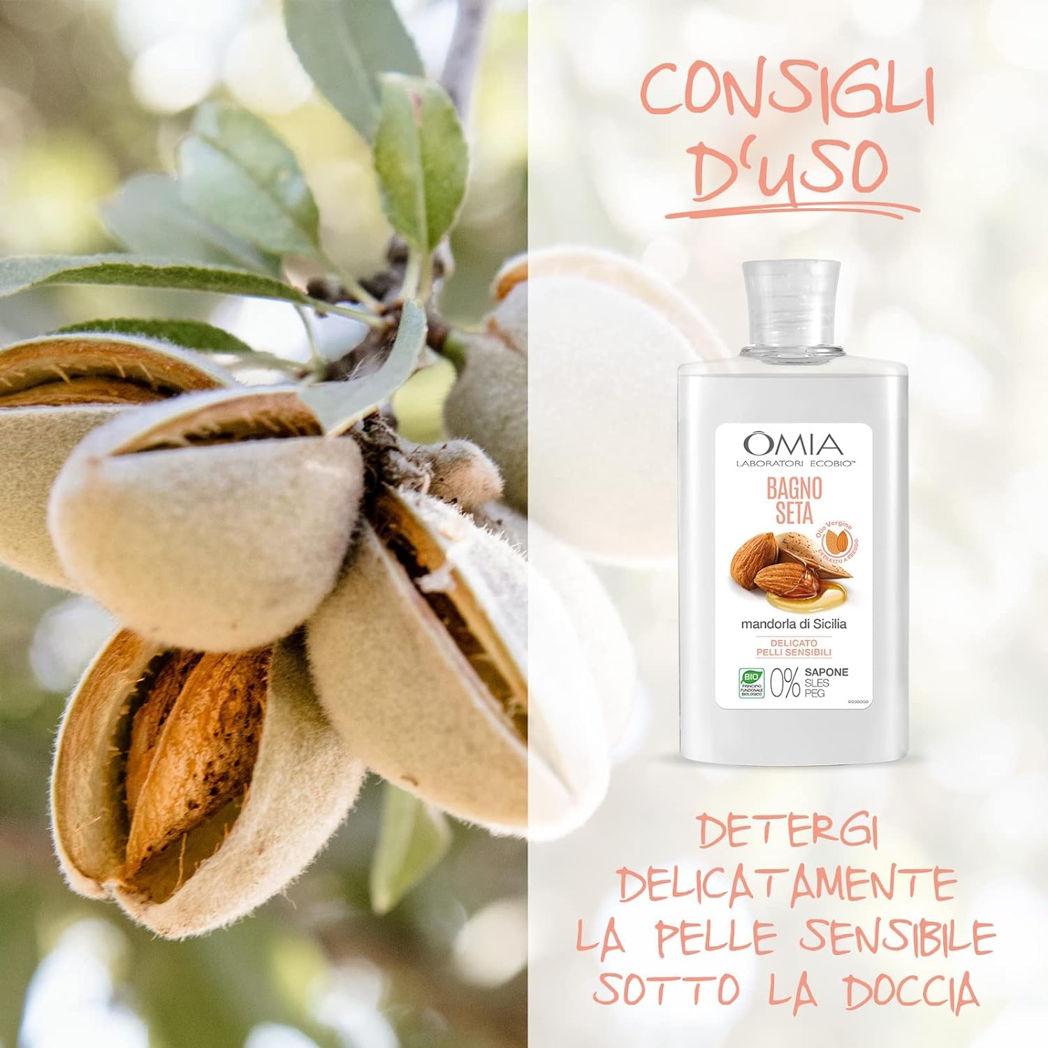 Bagno Seta Erboristico Olio di Mandorla di Sicilia, Bagnoschiuma Ottimo per Pelli Delicate, Secche e Stressate, Azione Idratante, Dona Luminosità ed Elasticità, (2 FLACONI DA 400 ml)