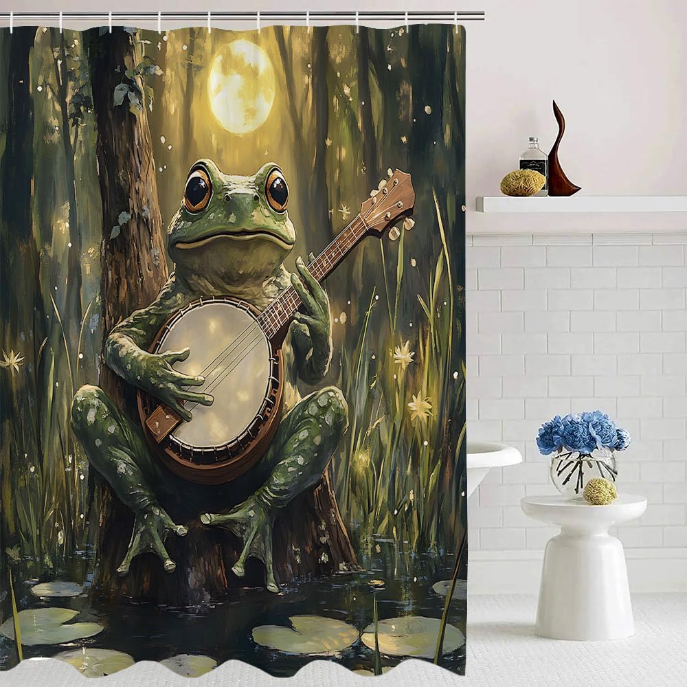 Funny Frog Shower Curtain Full Moon Country Rustic Forest Animal Funny Frog Playing Banjo Fabric Bathroom Decor Curtain with Hooks, 90Wx70H