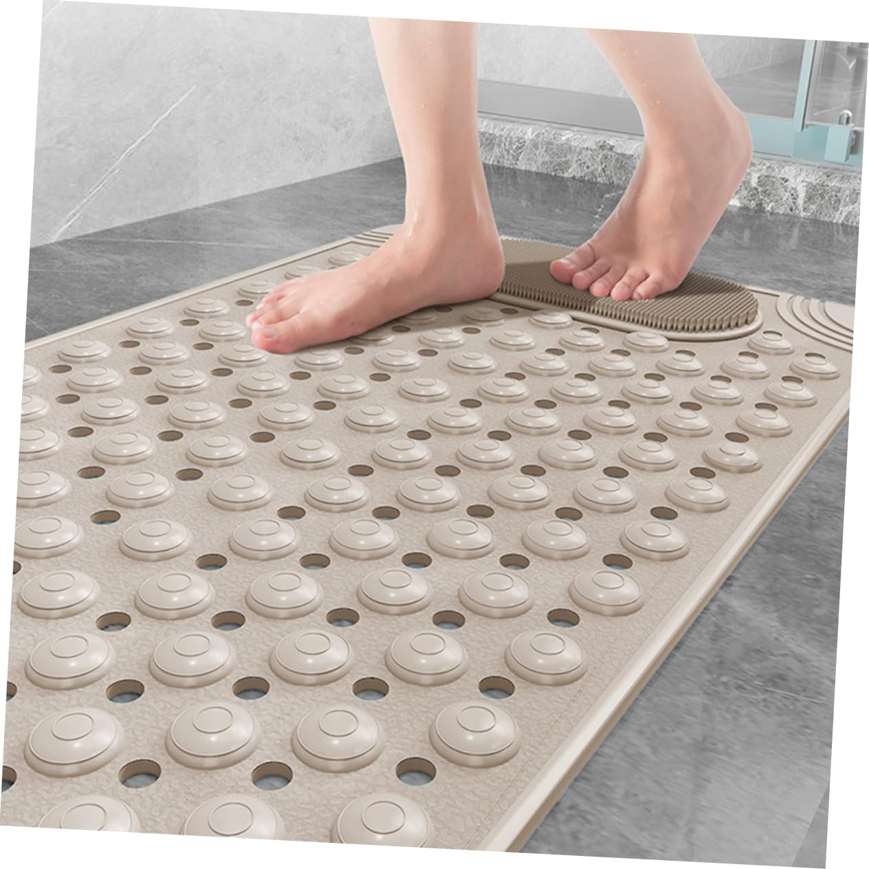 Mobestech Alfombrilla para Ducha Antideslizante de PVC Beige con Ventosas y Orificios de Drenaje, Almohadilla de Masaje para Pies Resistente y Exfoliante para Baño