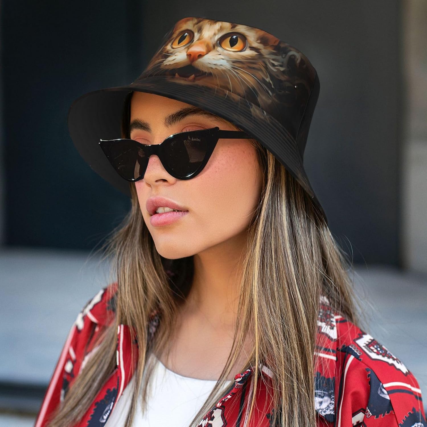 Watercolor cat Head Prints Summer Outdoor Travel Bucket hat, a Beach Sun hat Suitable for Both Men and Women Black