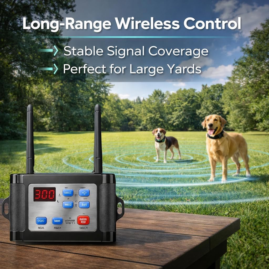Wireless Dog Fence System for 2 Dogs, Dog Fence with LCD Screen, Adjustable Warning Strength, Range 300 M, Rechargeable Wireless Pet Fence, Dog Perimeter Collar, Invisible Dog Fence