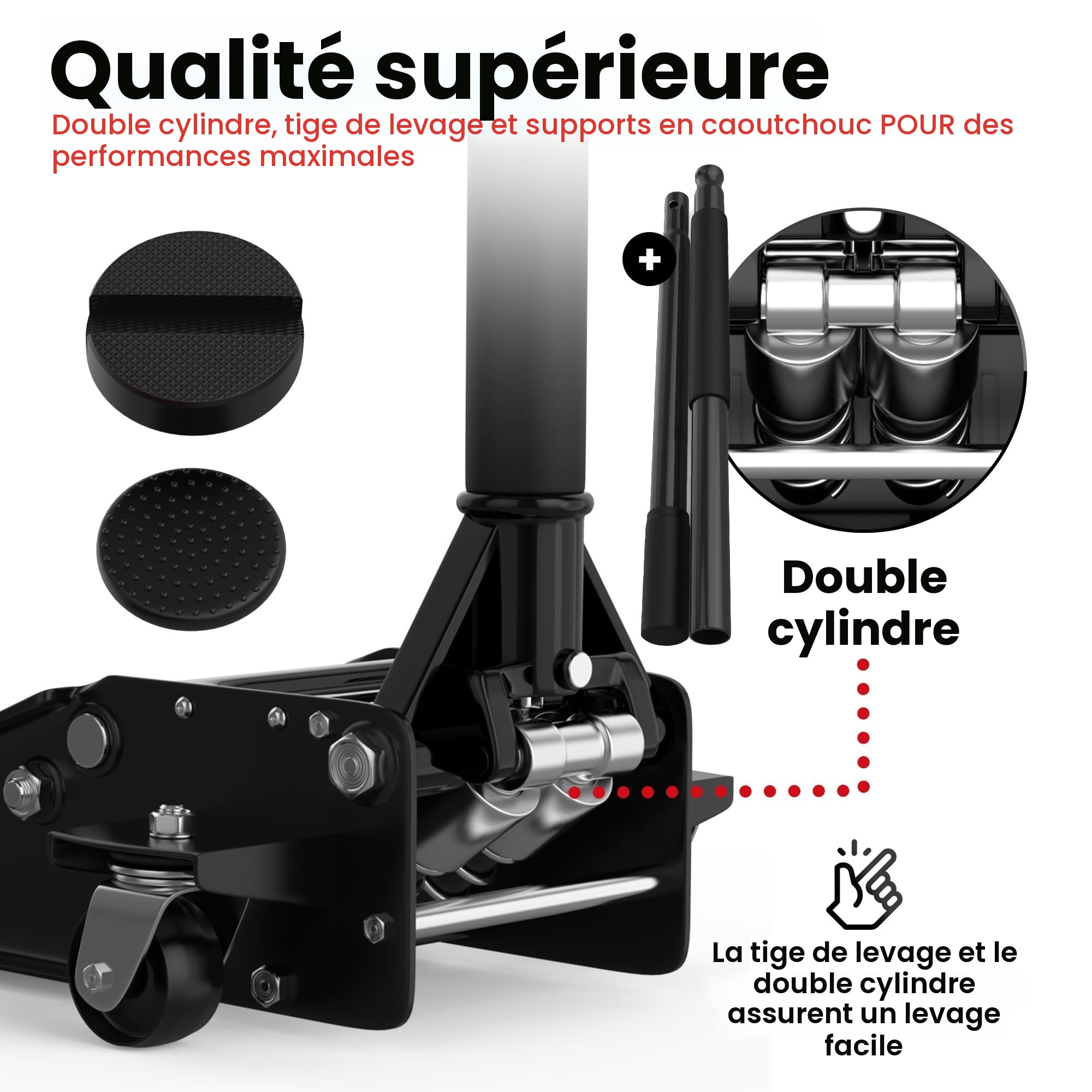 Cric hydraulique 3T - Plat 75-505 mm avec 2 patins en caoutchouc - Cric professionnel pour voiture et SUV - Avec roulettes à 360° - Noir