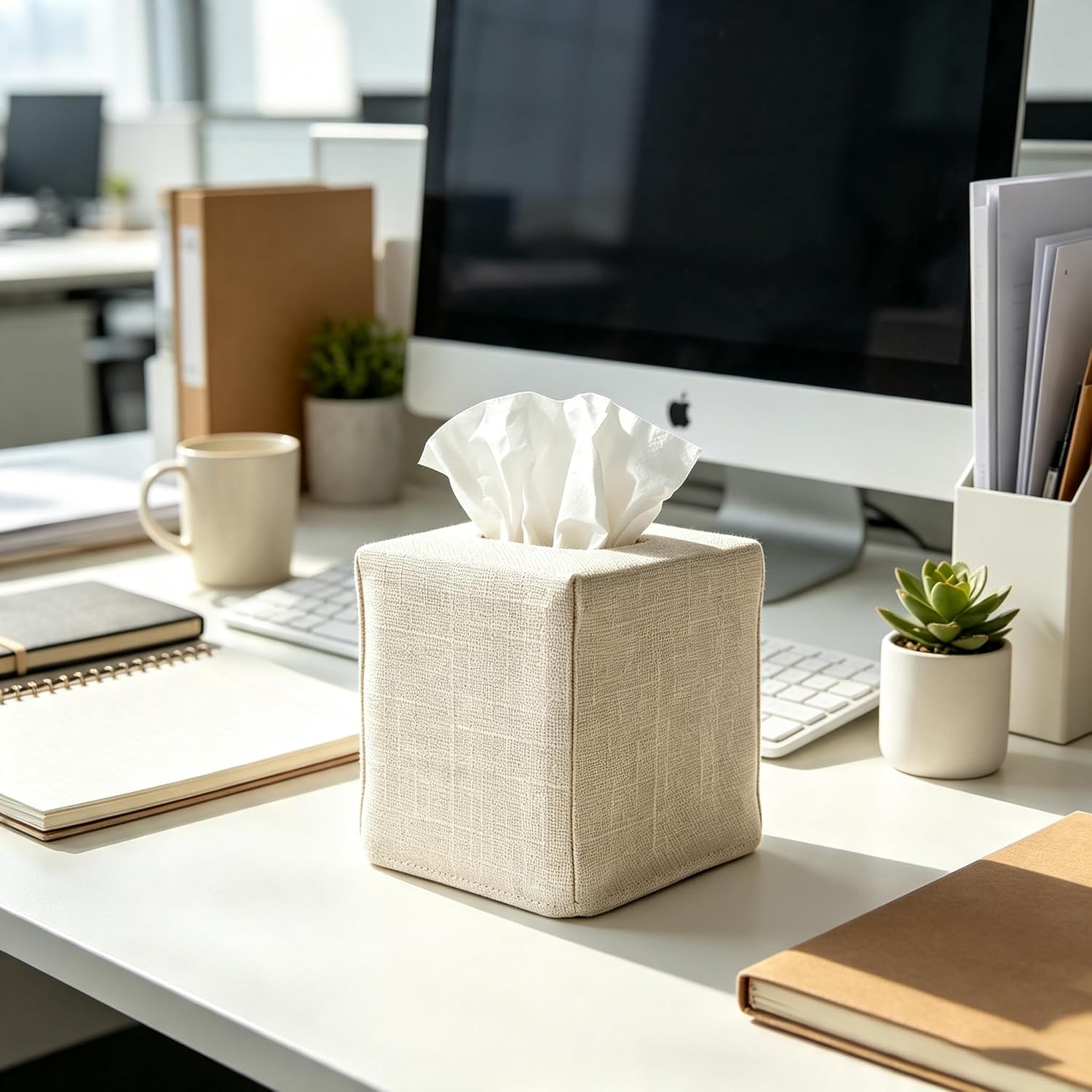 Tissue Box Cover, Cute Beige Linen Fabric Decorative Square Tissue Box Holder/Organizer for Bathroom Vanity Countertop/Office/Nightstand/Desk