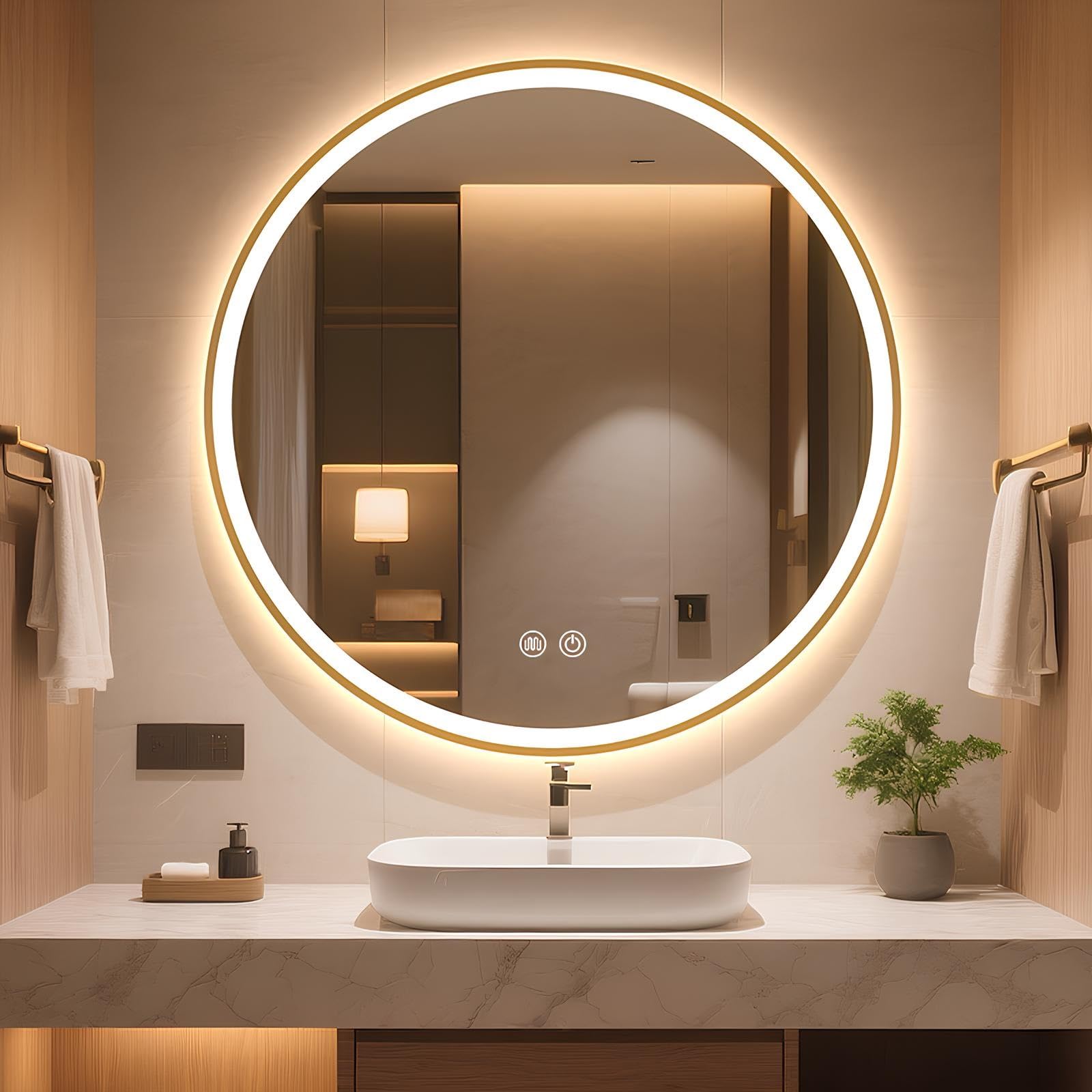 FGXHHS Round LED with Aluminum Frame, 50/60/70/80CM Wall Mounted Vanity Makeup Mirrors Illuminated Anti-fog, 3 Colors, Dimmable(Gold,50cm/19.7in)