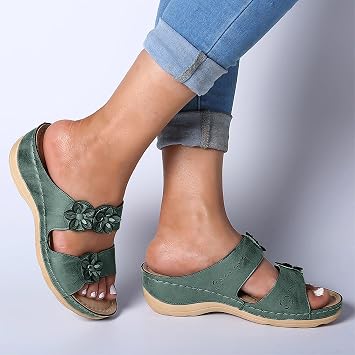 Orthopedic Sandals for Women Walking Slippers with Arch Support Anti-Slip Breathable Sandal Vintage Slip On Womens Orthotic Sandals Flip Flops Comfy Wedge Walking Sandals Women Dressy Green-C, 5.5
