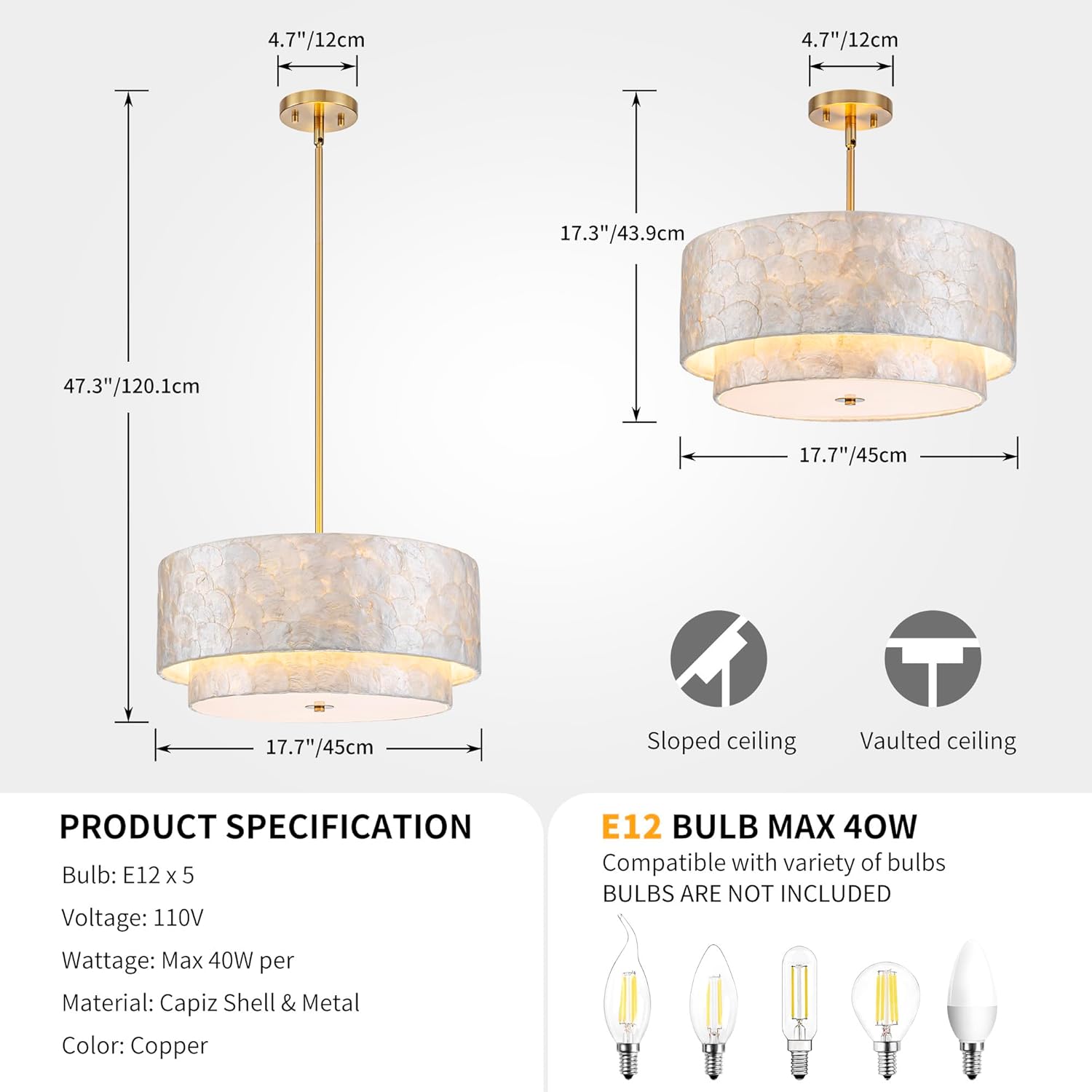 5-Light Drum Capiz Shell Chandeliers, Coastal Style 2-Tiers Pendant Light Fixture for Dining Room, Living Room, D17.7*H17~47 Inch (Adjustable Height), Real Shell Lampshade & Gold Finish