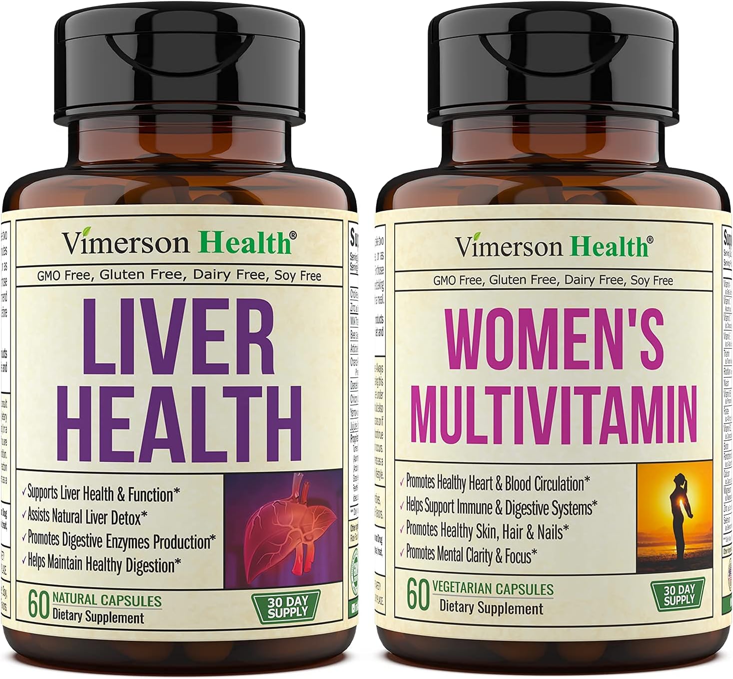 Vimerson Health Liver Health + Women's Multivitamin Bundle. Cleanse & Detox - Artichoke, Milk Thistle, Ginger, Celery. Women's Vitamins & Minerals Formula for Immune Support, Heart and Breast Health