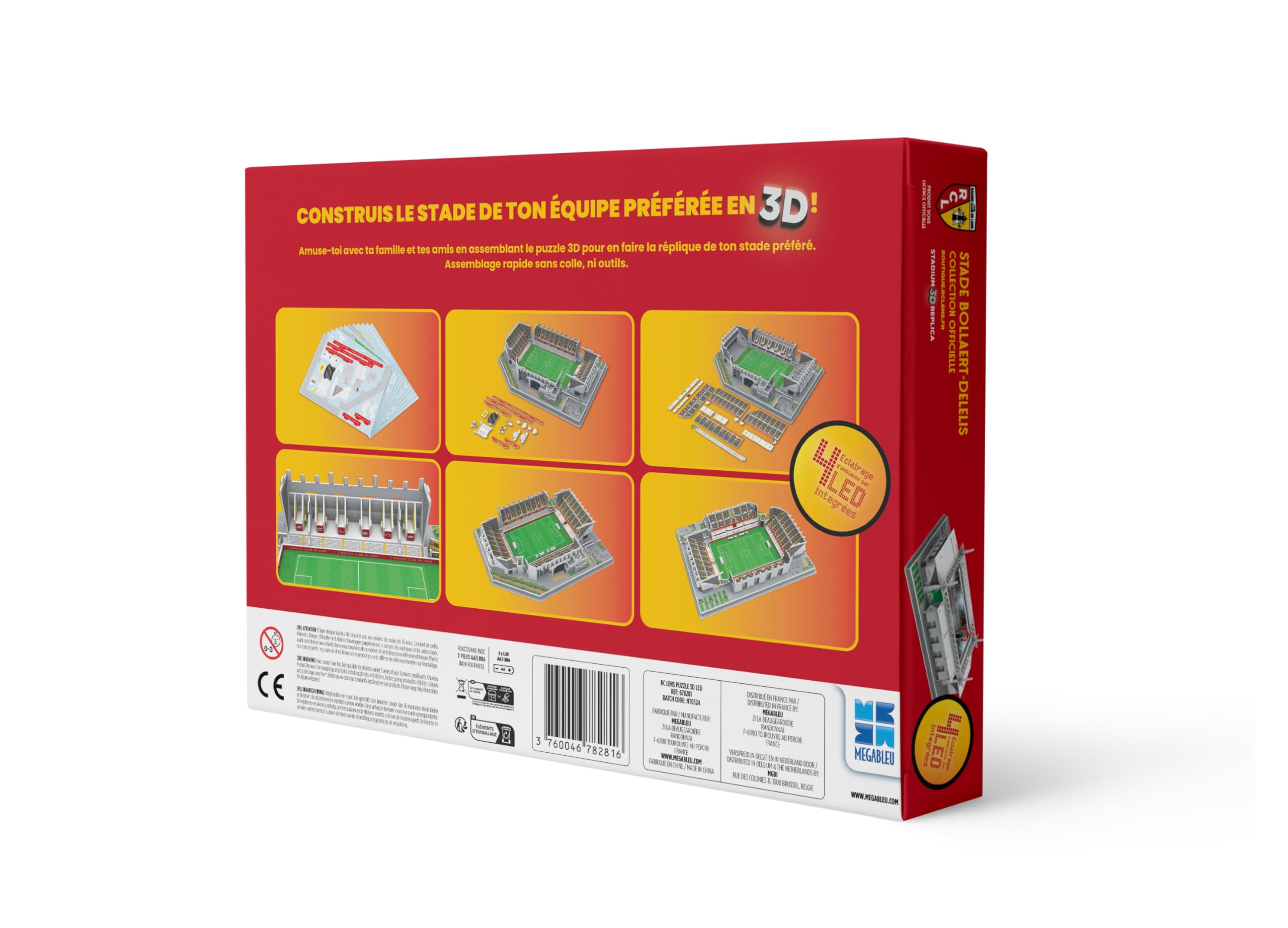 Megableu - Puzzle 3D - STADE BOLLAERT RC LENS - Licence Officielle - 147 Pièces avec Eclairage 4 LED - Maquette Pour Fans Foot RC Adultes et Enfants dès 7 ans - Assemblage Sans Outils Ni Colle