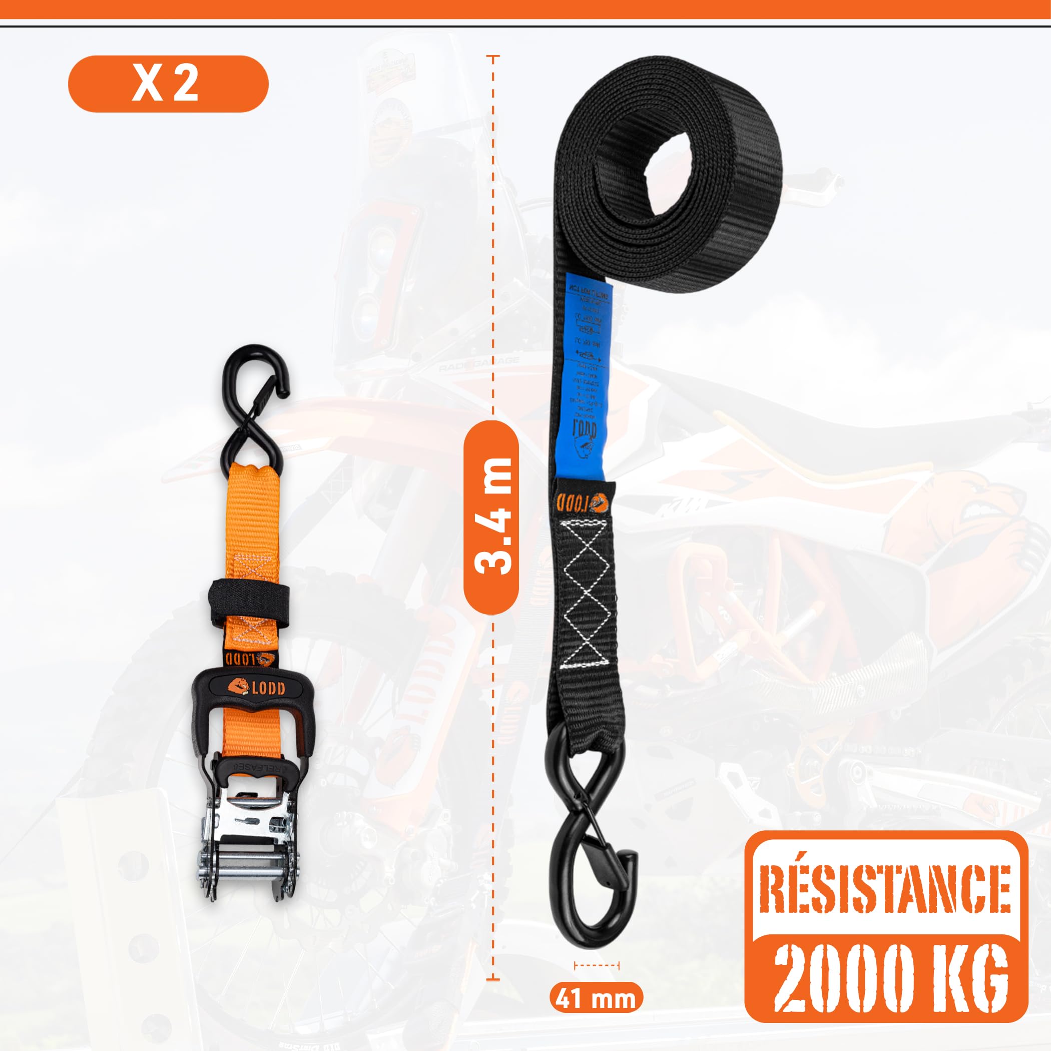 LODD - Lot de 2 Sangles d'Arrimage Moto à Cliquet 41mm x 3,4m - Crochets Sécurisés, Boucles Souples - Ultra Résistante 2000 kg - Idéal Moto, Quad, Remorque et Bateau - Sac de Transport Inclus