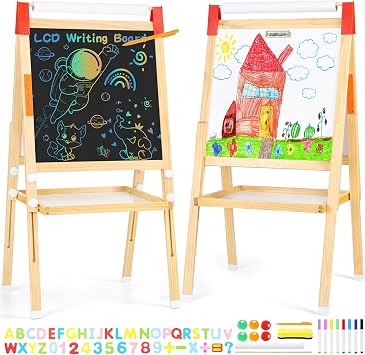 Art Easel for Kids-LCD Writing Tablet, Adjustable Standing Easels w/Magnetic Whiteboard & Paper Roll, Dry Erase Easel with Drawing Accessories, Double-Sided Easel for Kid Toddler 2-4 4-8 8-12