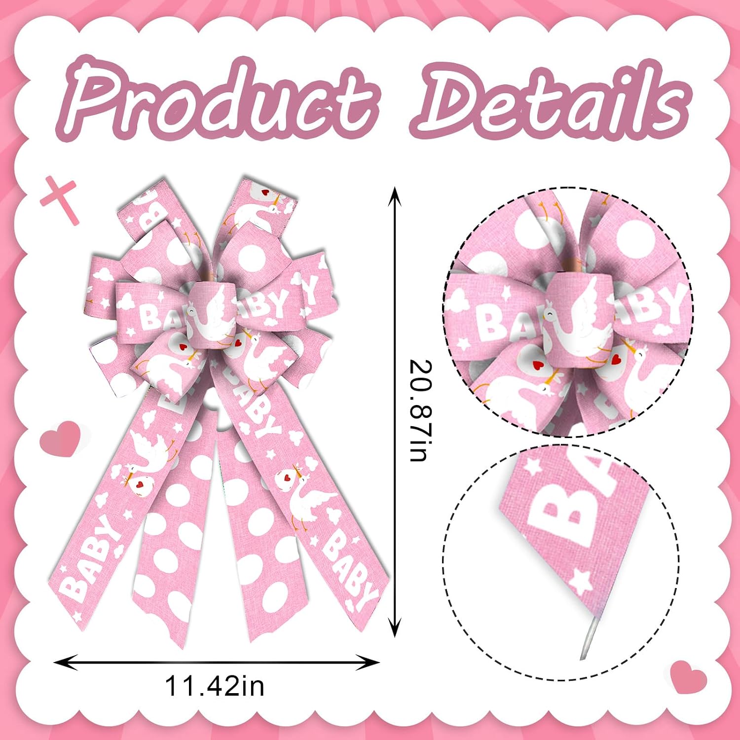 Threetols Baby Shower Wreath Bows, Pink Dot Bows for Wreath Baby Pink Decorative Bows for Front Welcome Home Shower Ornaments Hanging Wreath Bow for Indoor Outdoor Decor image 2