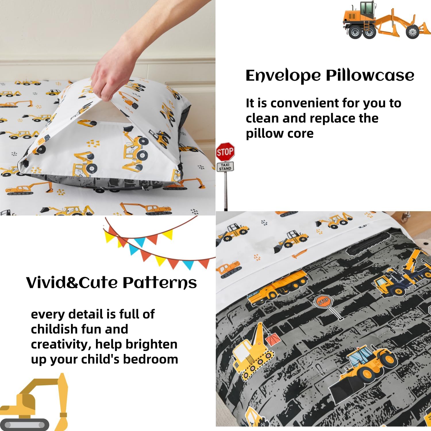 PERFEMET 4 Pieces Construction Boys Toddler Bedding Set, Vehicles Cars Truck Printed Toddler Comforter Set with Sheets, Soft Reversible Excavator Grey Bed Set for Baby Boy