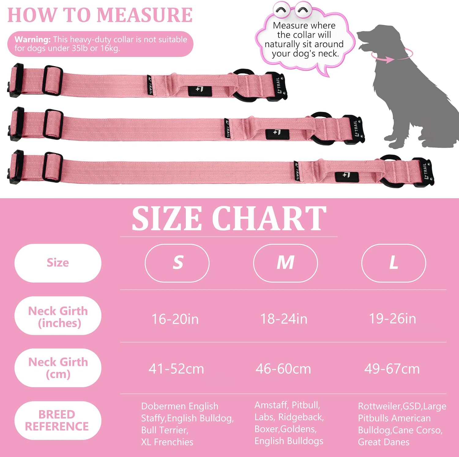 Tactical Dog Collar, Heavy Duty Nylon Collar with Aviation Aluminum Buckle & D-Ring for Medium and Large Dogs (Pink, Medium)