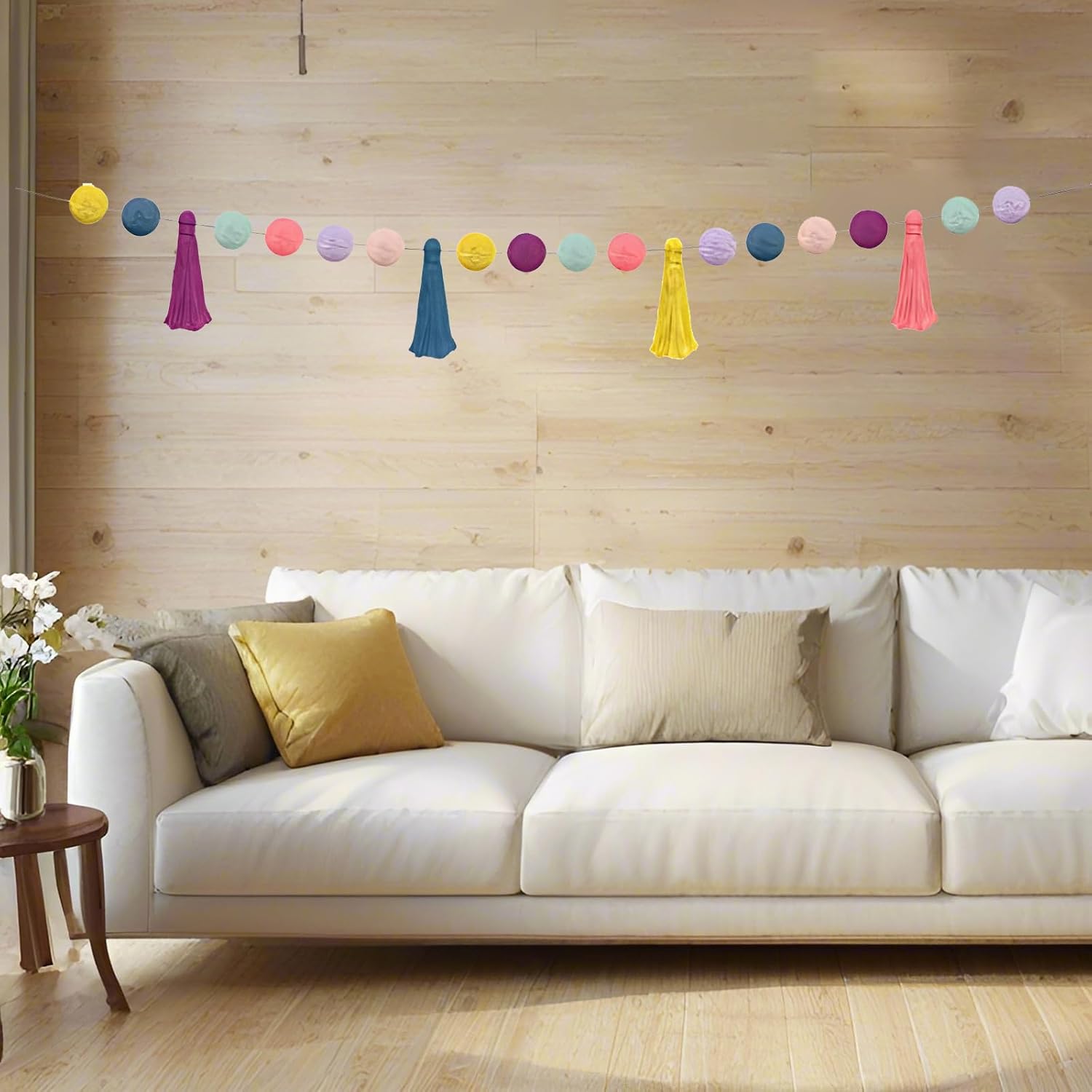 Pom Pom Garland for Classroom Boho, 74.8 Inch 16 Felt Ball Bulletin Board Garland, Colorful Yarn Tassel Banner Garland, Hanging String Decorations for Party Desk Nursery Wall Decor (Blue & Yellow)