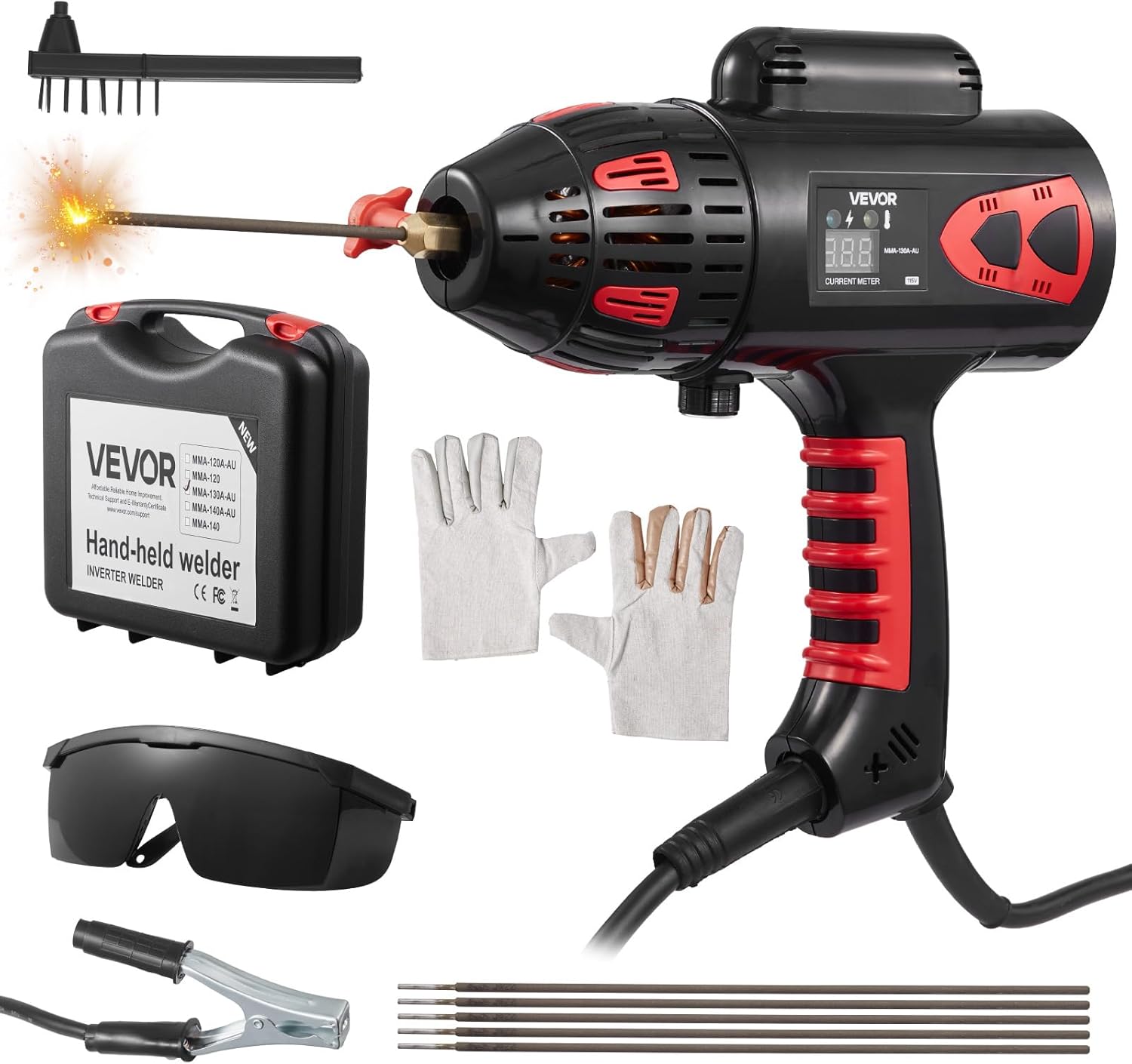 VEVOR Portable Handheld Welding Machine, 20-130A Portable ARC Welder with Stepless Current Adjustment & IGBT Inverter, 115V Handheld Stick Welder Digi