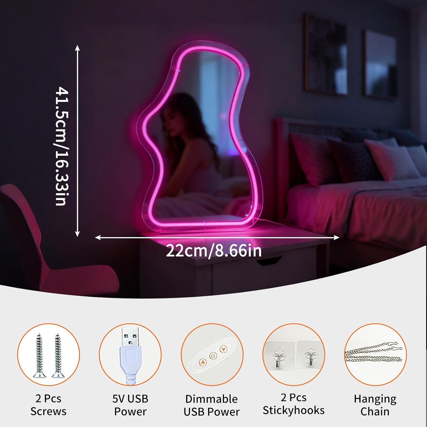 Pink LED Neon Sign Mirror - USB Powered Wall Table Decor for Bedroom Vanity Dorm Living Room, Aesthetic Makeup Mirror Room Accent, 16.33x8.66 In